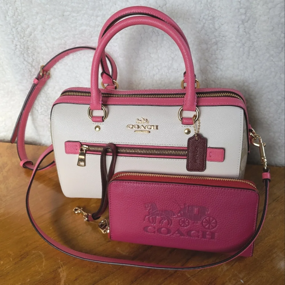 NWT Coach Colorblock Rowan Satchel Handbag Ivory/Pink/Red Leather Signature
